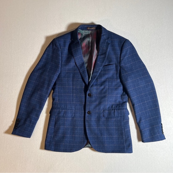 Paite 100% Wool Blue Plaid Blazer w/ Green + Red Satin Lining, Sz 48 Fits Medium - Picture 2 of 14